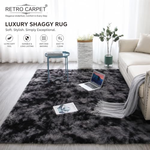 Image of Carpet for Living Room 5X7 FEET Modern Soft Shaggy Carpet Thick, Fluffy & 2 inch Pile Shag Rug for Your Kids Room, Bedroom & Livingroom (Black & Gray)