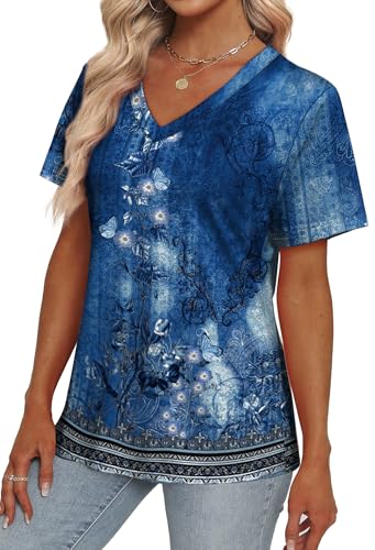Alaroo Womens Summer Tops 2025 V Neck Short Sleeve Shirts Trendy Dressy Casual Vacation Outfits Printed3