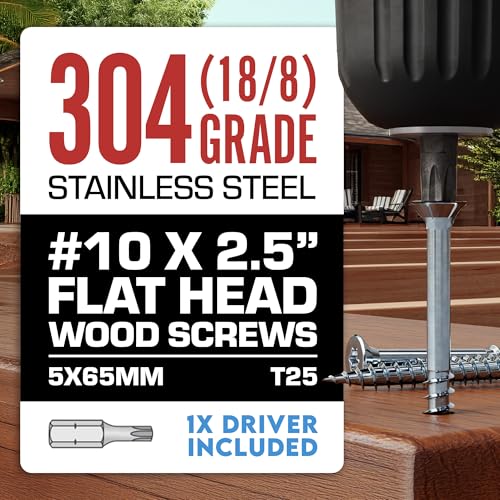 Image of #10 x 2 1 /2 Inch Stainless Steel Deck Screws | 304 Grade (100 Pack) | Flat Head T25 Star Torx Drive | Stainless Steel Screws by Eagle Claw Fasteners | Corrosion & Rust Resistant (Includes Driver Bit)