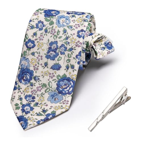 Image of Barry.Wang 100% Cotton Floral Ties for Men 63 inch Extra Long Necktie Clip | Fashion Cotton Printed Neckties,Wildflower 2.76 inch Ties Skinny,Gift Box,Groomsmen Wedding Engagement Graduation