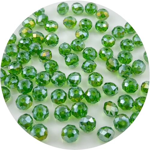 Mulutoo 70Pcs 10MM Briolette Crystal Glass Beads Faceted Rondelle Glass Beads with Hole Glass Spacer Beads for Jewelry Making Bracelet Necklace DIY Craft Making Supplies(140-grass Green AB)