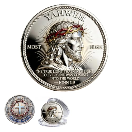 Yahweh – The Living Light Faith Commemorative Coin,“Living in HIS Promises God Christian Challenge Coin, Double Sided Crown of Thorns Cross Motivational Token for Church School Men Women (1Pc)