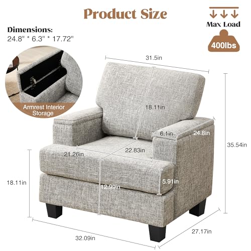 Image of Accent Chairs Set of 2 with Armrest Storage, Fabric Upholstered Reading Living Room Chairs, Modern Comfy Large Armchairs, Sofa Chair for Bedroom (Light Grey)