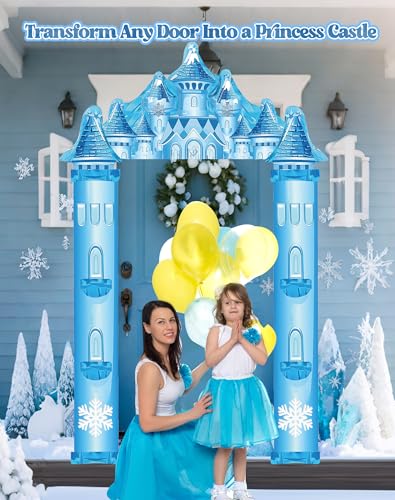 Image of Frozen Ice Castle Door Banner - 3PCS Blue Castle Backdrop Winter Wonderland Door Decoration for Frozen Birthday Party Princess Photo Booth Props