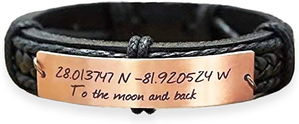 I Love You To the Moon and Back Bracelet, GPS Coordinate, Latitude Longitude, Black Men Leather Braided Cuff Copper