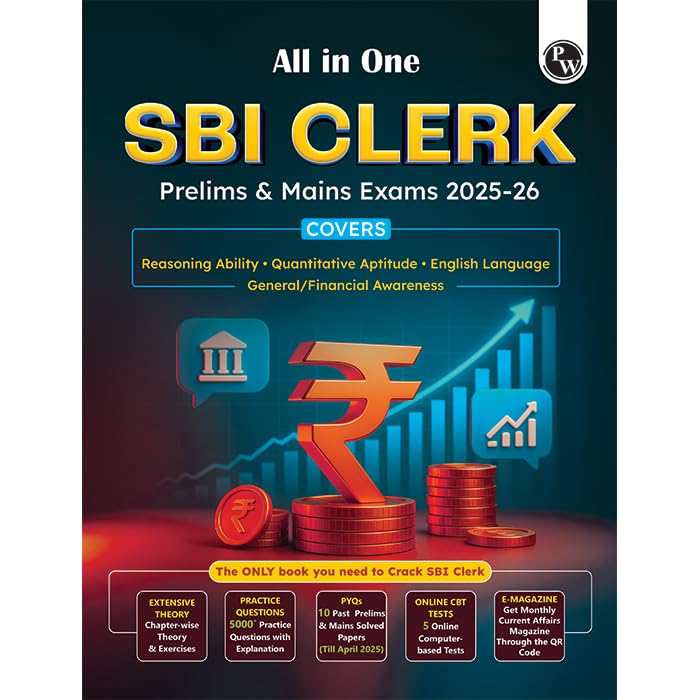 Image of PW All in One SBI Clerk Prelims and Mains 2025-26 Exams | Chapterwise Theory & Exercise and 10 Previous Year Solved Papers (PYQs) 2018 - 2024 with 5 Online Practice Sets [Paperback] PW