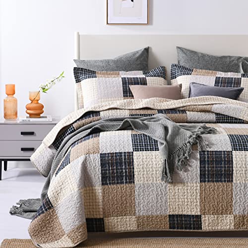 Image of PANGUSHAN Quilts Set King Size,100% Cotton Quilt,Patchwork Plaid King Quilt Bedding Set Bedspreads,Farmhouse Rustic Lightweight Comforter for King Bed,Cream /Brown /Blue-Black /Off-White Bed Spread