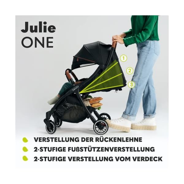 LIONELO Julie One Buggy Kinderwagen bis 22 kg, verstellbare Rückenlehne und Fußstütze, Moskitonetz, Beinwärmer, Getränkehalter und Transporttasche, zusammenklappbar TROPICAL GREEN