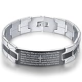 Men's Vintage Stainless Steel Black Cross Silver English Bible Lords Prayer Religious Link Wrist Bracelet (Cross Middle, Black Silver, 7.9 inch)
