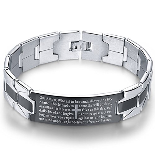 Bestdays Men's Vintage Stainless Steel Black Cross Silver English Bible Lords Prayer Religious Link Wrist Bracelet (cross middle, black silver, 7.9 inch)