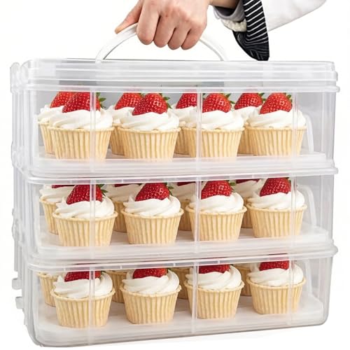 FEOOWV 3 Tier Cupcake Carrier with Lid,Holds 36 Cupcakes or 3 Large Cakes Food Transporter Container with 3 Tier Stackable Layer Insert by FEOOWV - Used condition - US$38.55