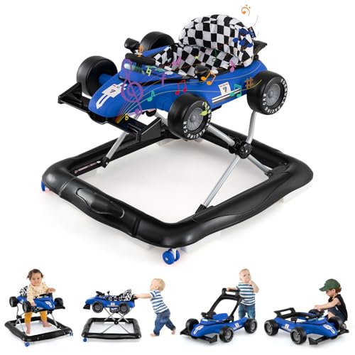 COSTWAY 4 em 1 andarilho bebés, tacata dobrável com 3 altura ajustável, volante com assento acolchoado e caixa de música, design anti-viagem, caminhador para bebé de 6-18 meses (azul)