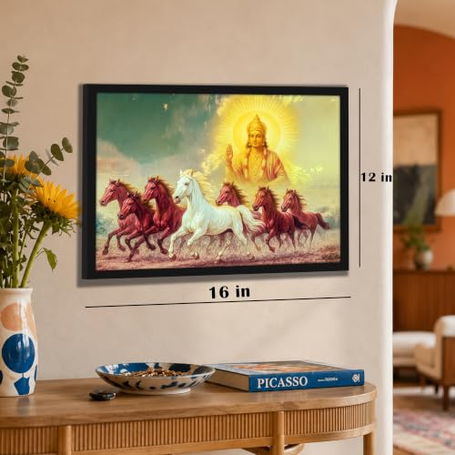 Image of PAINTINGMANRA Shurya Dev 7 Running Horses Framed Wall Art Painting For Living Room Seven Horse Vastu Feng Shui Poster with frame for Wall, Decoration item for bedroom, 13x17.5 Inch