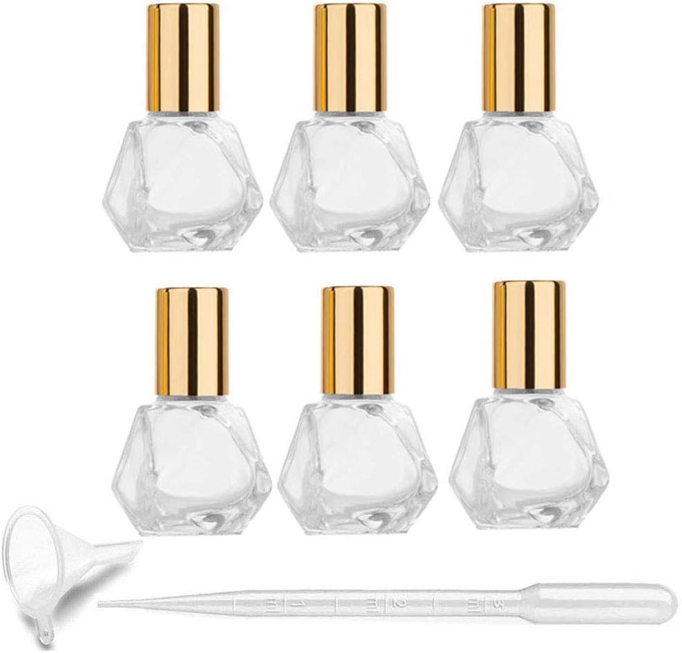 6Pcs 5ml (1/6 oz) DIY Travel Essential Oil Roller Bottle Polygonal Clear Glass Cosmetic Contaners Vials for Essential Oils Perfumes Aromatherapy, 1pc Funnel and Dropper, Roll on Bottles with Gold Cap