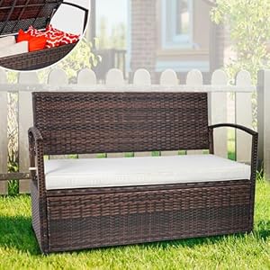 60 Gallon Outdoor Storage Bench All Weather PE Rattan Deck Box Deck Box wThick Seat Cushion Patio Sofa Storage Bench with Cushion for Porch Yard Lawn Garden Brown
