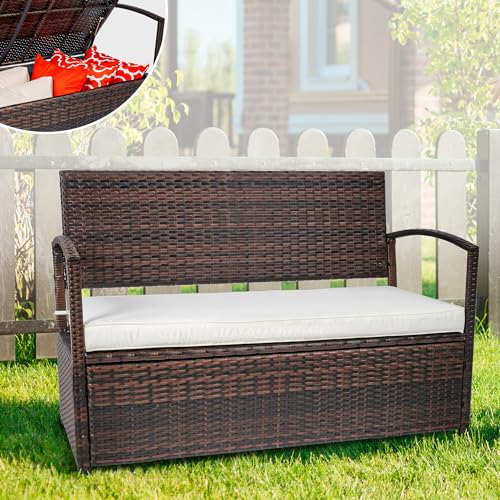 60 Gallon Outdoor Storage Bench All Weather PE Rattan Deck Box Deck Box wThick Seat Cushion Patio Sofa Storage Bench with Cushion for Porch Yard Lawn Garden Brown