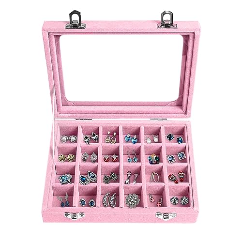 24 Fächer Damen Schmuckkasten Schmuck Box Schmuckkoffer Schmuckständer Aufbewahrungsbox für Ringe Ohrringe Halskette (Rosa)