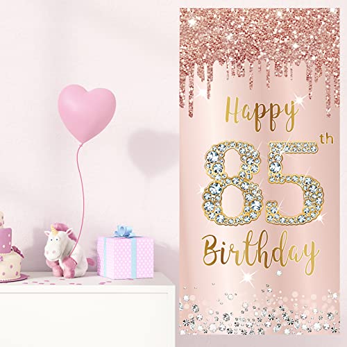 Image of 85th Birthday Door Banner Decorations for Women, Pink Rose Gold Happy 85 Birthday Door Cover Sign Party Supplies, Large 85 Year Old Birthday Poster Background Photo Booth Props Decor