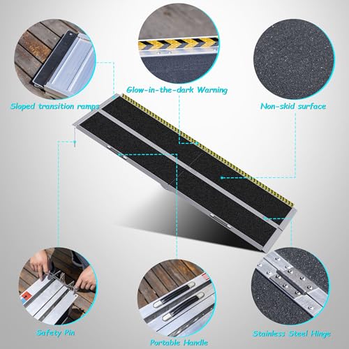 Image of WHALEMOTOR Portable Wheelchair Ramp 8FT, Anti-Slip Aluminum Folding Portable Ramp, Wheelchair Ramps for Home, Weight Capacity Up to 800 LBS, with Transition Plates Above and Below, Loading Dock Plates