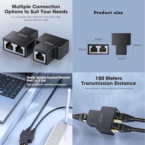 Image of RJ45 Splitter Connector,Dual LAN Ethernet Socket USB 1 to 2 Female Network Adapter Compatible with Cat5, Cat5e, Cat6, Cat7. (RJ45 Extender 1x2) Black. Pack of 1