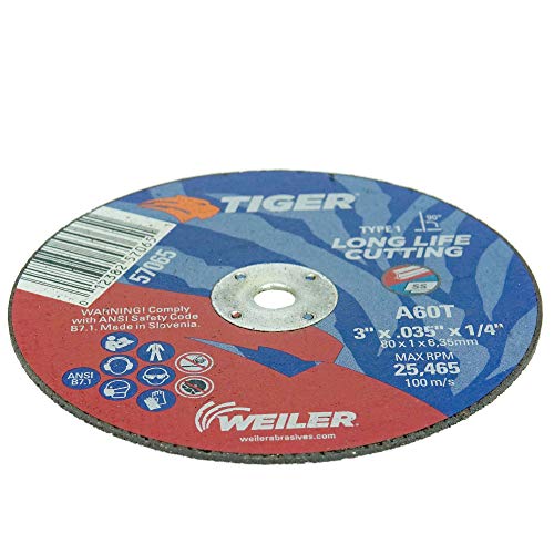 Image of Weiler 57065 3-Inch Cutting Wheel, Tiger AO Steel /Metal Long Life, Performance Cutting, 0.035 inch A60T Type 1 1 /4 inch Arbor (Pack of 100)