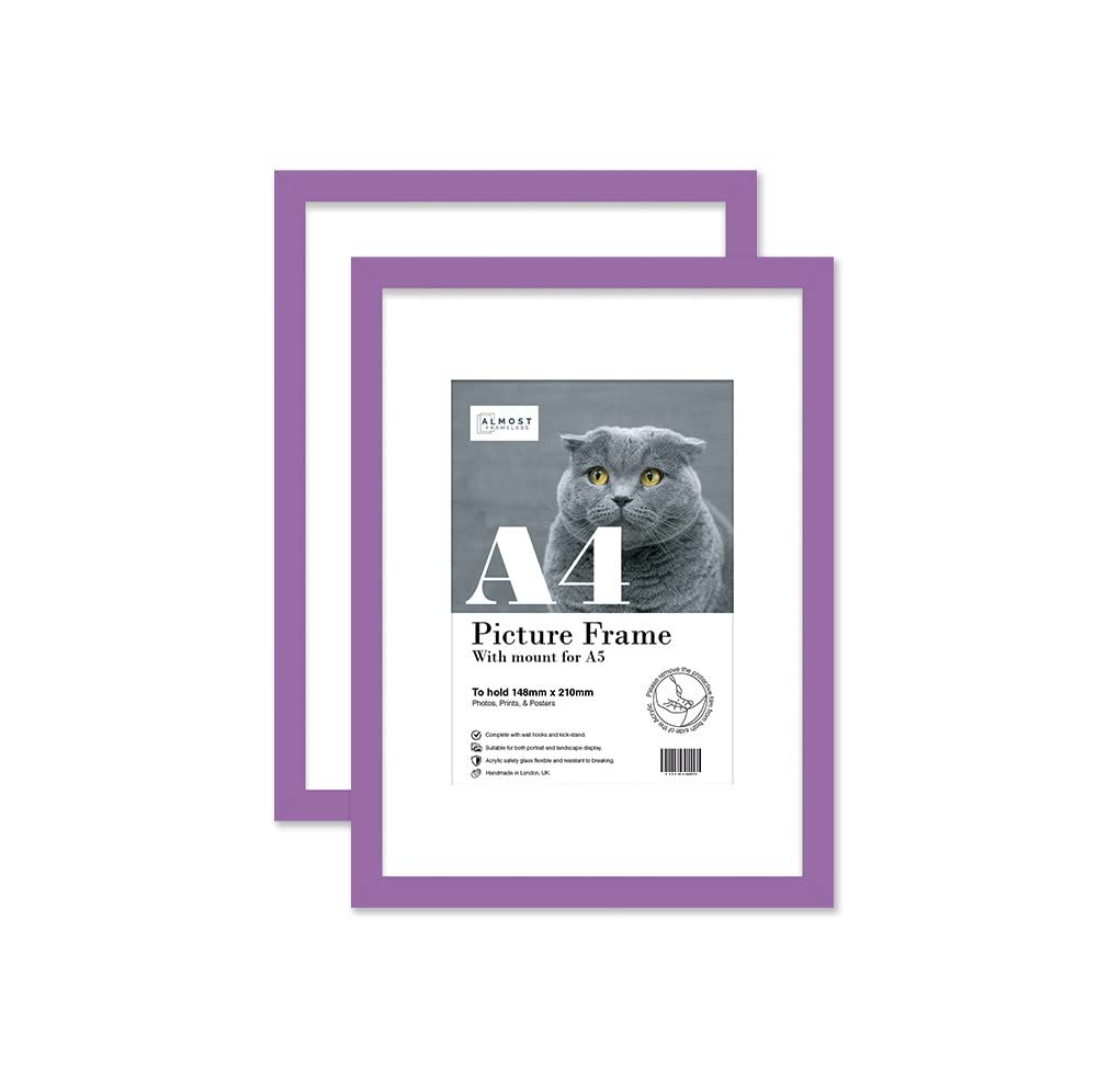 Almost Frameless A4 Purple Picture Frame Set of 2, Display A5 Pictures with Mount or A5 Without Mount Gallery Wall, Poster, Photo, Artwork, or Print, Purple