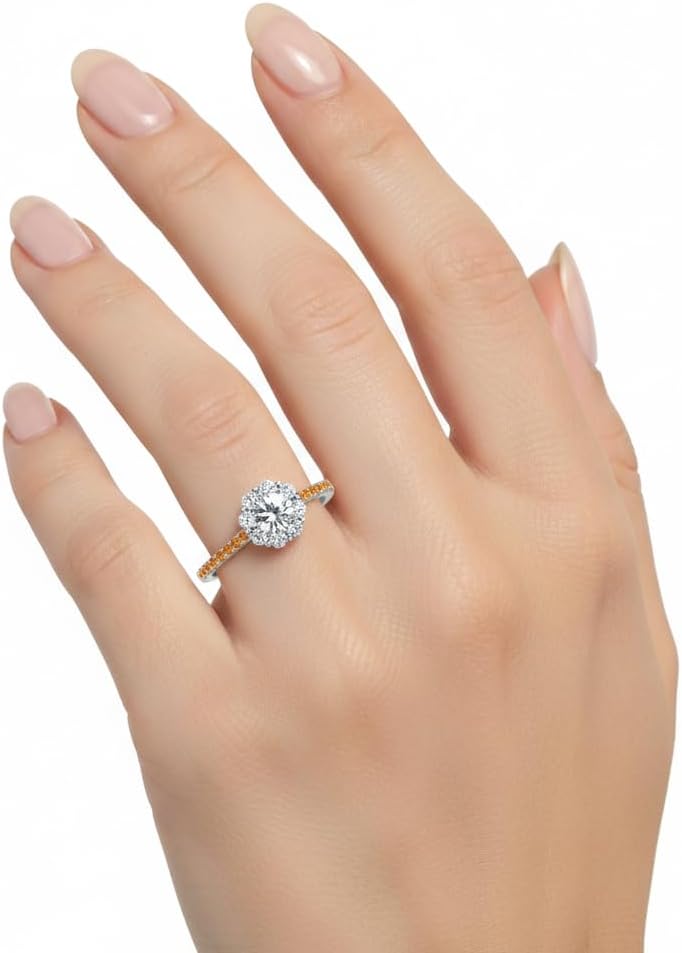 Choose Your Gemstone Flower Halo Diamond CZ Ring 925 Sterling Silver Round Shape Halo Engagement Rings Everyday Jewelry Wedding Jewelry Handmade Gifts for Wife US Size 4 to 12