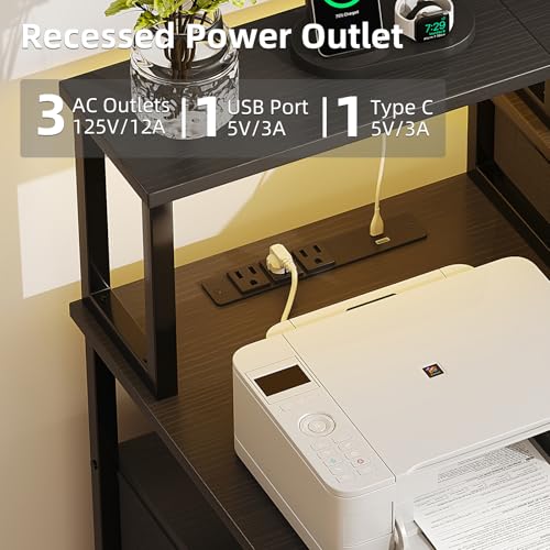 Image of MUTUN 53 inch Computer Desk with 4 Drawers & Power Outlets, Reversible Home Office Desk with Monitor Stand & Printer Stand, Gaming Desk with Led Lights, Study Writing Work Desk Table for Bedroom (Black)