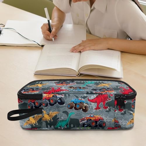 Image of Dinosaur Boys Pencil Pouch Truck Print Large Pencil Case for Kids 6-8 Years Portable Pen Bag with Double Zipper for Elementary Students