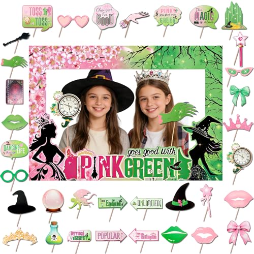 Pink & Green Party Decorations Witch Themed Photo Booth Props for Movie Fans Boys and Girls Birthday Party Kids B-irthday Decorations Pack with HAPPY BIRTHDAY Banner and Streams
