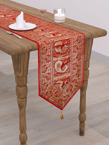 Image of Banarasi Brocade Zari Silk Table Runner Dinning & Centre Table Runner 177 By 30 CM (Maroon, Peacock)