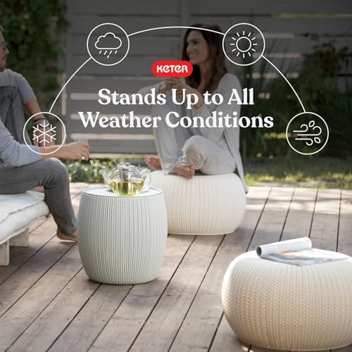 Image of Keter Urban Knit Pouf Ottoman Set of 2 with Storage Table for Patio and Room Decor - Perfect for Balcony, Deck, and Outdoor Seating, Grey & White