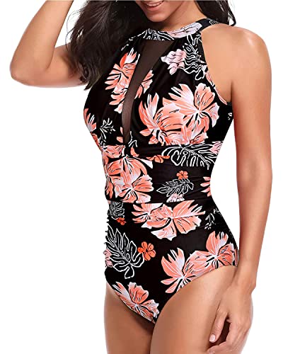 Image of Tempt Me Women One Piece Swimsuit Tummy Control Bathing Suit | High neck, Removable cups, Full coverage, Ruched, Mesh, Full lining