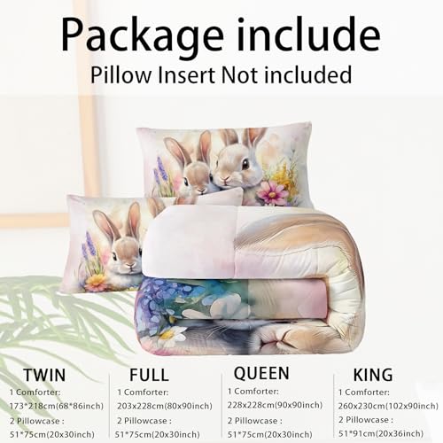 Image of Cute Rabbit King Comforter Set for Kids,Kawaii Bunny Quilt Set for Boys Girls,Rural Farm Animals Fluffy Rabbit Flowers Garden Bed Set,Pink Watercolor Bedding Set for Bedroom Decor