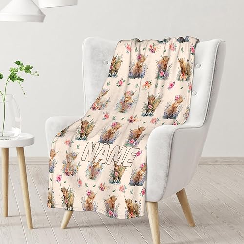 Mercuryelf Custom Highland Cow Throw Blanket - Soft, Fuzzy & Warm - 50x60 Inches Flannel Blankets for Living Room, Sofa - Beige Cute Throws Gift for Teens