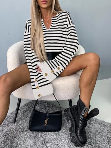 Saodimallsu Womens Striped Sweater Oversized V Neck Knit Long Sleeve Drop Shoulder Trendy Loose Pullover Sweaters4