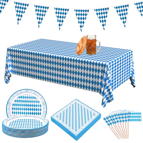 NZZVNZ 83 Stück Oktoberfest Deko Set 40 Bayernraute Teller mit 40 Bayrische Servietten Bayern Wimpelkette Tischläufer und Oktoberfest Zahnstocher Flaggen Oktoberfestdeko für Bier Festival München