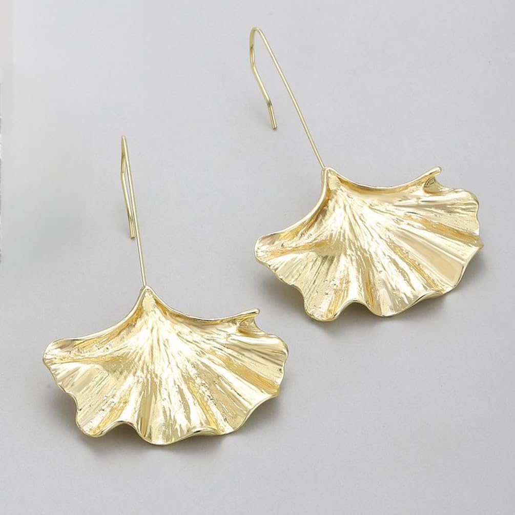 Vintage Gold Ginkgo Leaf Dangle Earrings Statement for Women, Boho Big Silver Leaves Drop Ear Hook Earring Long Line Hanging Trendy Party Jewelry Gift - Image 6