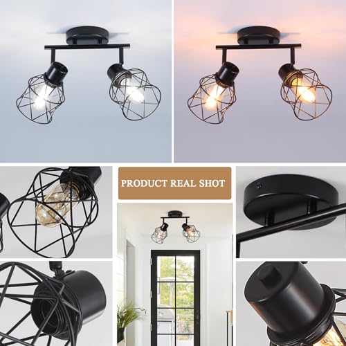 Image of 2 Lights Adjustable Multi-Directional Black Light Fixtures, Semi Flush Mount Ceiling Light, Kitchen Light Fixtures Ceiling Mount, Geometric Metal Cage Industrial Spotlight Fixtures for Dining Room