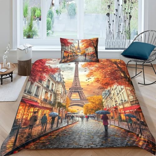 Torre Eiffel Bedding Set, Juego De Sábanas De Cama Microfibra Suave, Edredón Y Fundas De Almohada, Ropa De Cama para Niños Y Niñas, Duvet Cover Set Fácil De Cuidar Single（135x200cm）