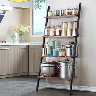 Greensen Ladder Shelf Industrial Wall Leaning Storage Rack, Bookshelf 4-Tier, Wall Leaning Shelving Unit with Metal Frame, Bookcase Wood Ladder Shelves for Living Room Bedroom Home Office