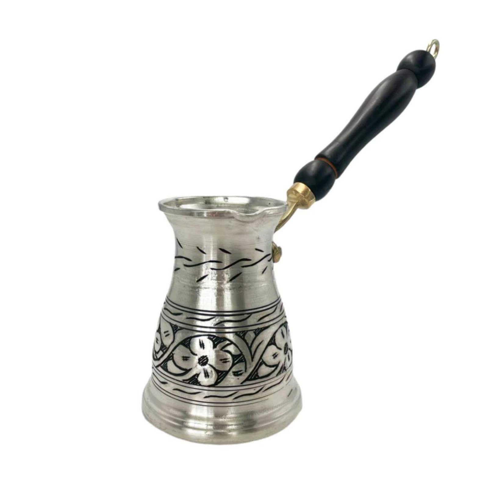 perfk per Caffè Turco Pentolino I Artigianale in Rame Puro con Motivi Incisi E Manico Ergonomico in Legno per Preparazione su Sabbia O Fornello Adatto per, Silver, 330ML
