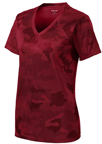 Joe's USA - Ladies CamoHex V-Neck All Sport Moisture Wicking Shirt-L-Red