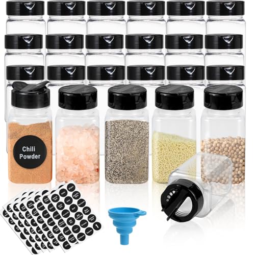 LOSYHU 24 Pack Plastic Seasoning Bottles with Shaker Lids 4.2oz/120ml Plastic Spice Jars Clear Seasoning Containers Square Spice Bottles for Spice, Herbs, Powders and Kitchen Storage