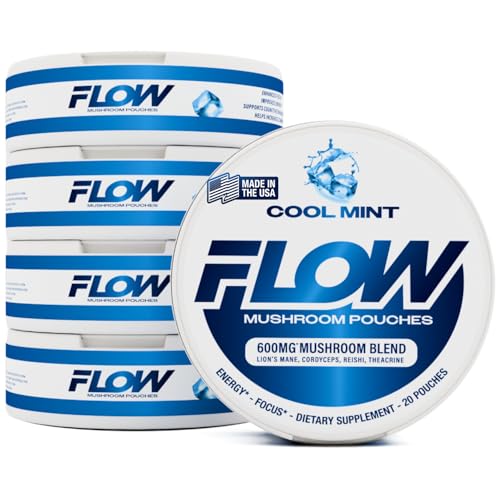 Flow Pouches Mushroom Nootropic Pouches 600mg Lions Mane Reishi Cordyceps Energy Pouches for Focus and Clean Energy Caffeine Free Sugar Free Nicotine Free Now Made in USA (5 Cans Cool Mint)