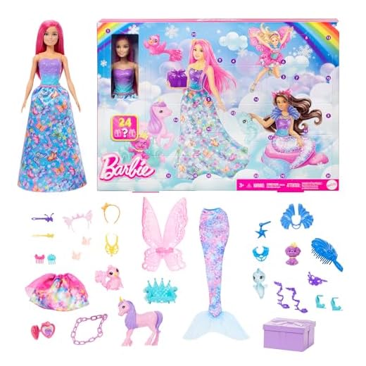Barbie - Calendario dell'Avvento Dreamtopia, bambola Barbie dai capelli rosa e 24 accessori a sorpresa inclusi tra cui un unicorno e 3 cuccioli, giocattolo per bambini, 3+ anni, HRG90
