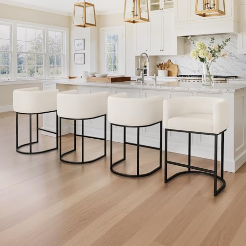 Image of LUE BONA 27 inch H Counter Height Bar Stools Set of 4, Modern Barrel Counter Stools with Backrest and Arms, Black Metal Frames, Linen Fabric Upholstered Accent Barstools for Kitchen Island, Beige