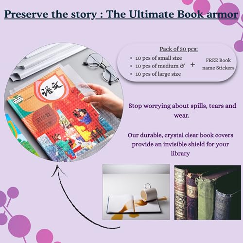 Image of 30 Sheets Book Cover Transparent /self Adhesive /Ultimate 3-in-1 Book Protection Kit - 30 Pcs |10 Small (Novels),10 Medium (Classmate),10 Large (A4 Textbooks) |100% Water,Dust & Tear-Resistant Proof,