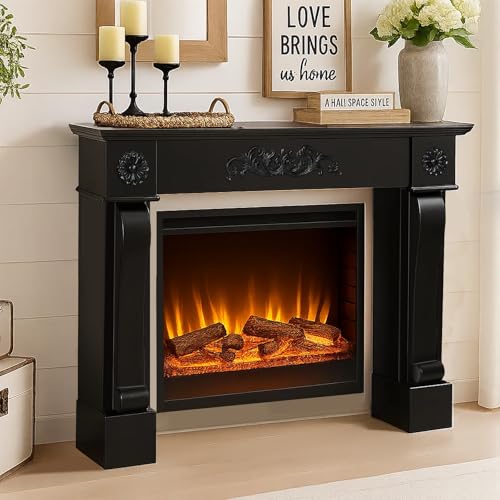 Image of HOMEDIARY 44.5 inch Fireplace Mantel, Freestanding Fireplace Surround with Leg for Electric Fireplaces, MDF Mantel Surround with Shelf for Living Room with Decorative Pattern, Anti-Tipping & Waterproof