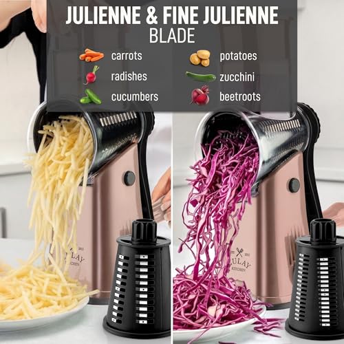 Image of Zulay Kitchen Rotary Cheese Grater 5 Blade Cheese Shredder - Manual Hand Crank Cheese Grater With Reinforced Suction & 5 Interchangeable Drums - Easy to Use, Vegetable Chopper Round Mandoline Slicer